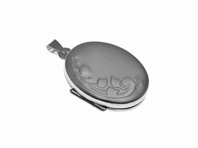 Medaillon oval blumig mattiert aus Sterling Silber, Hersteller Juwelier Harnisch, elegantes Design mit floralem Motiv auf der Oberfläche, ideal als persönliches Schmuckstück oder Geschenk.