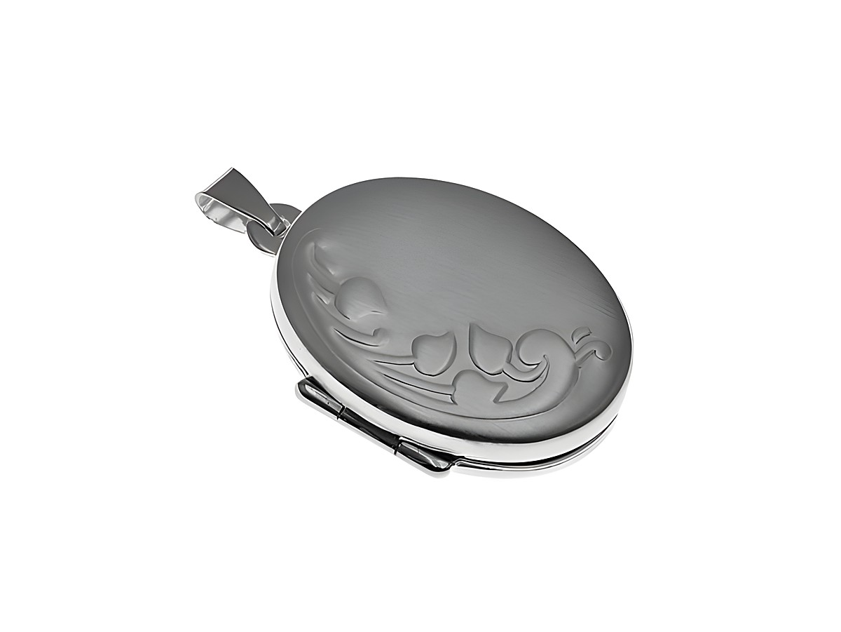 Medaillon oval blumig mattiert aus Sterling Silber, Hersteller Juwelier Harnisch, elegantes Design mit floralem Motiv auf der Oberfläche, ideal als persönliches Schmuckstück oder Geschenk.