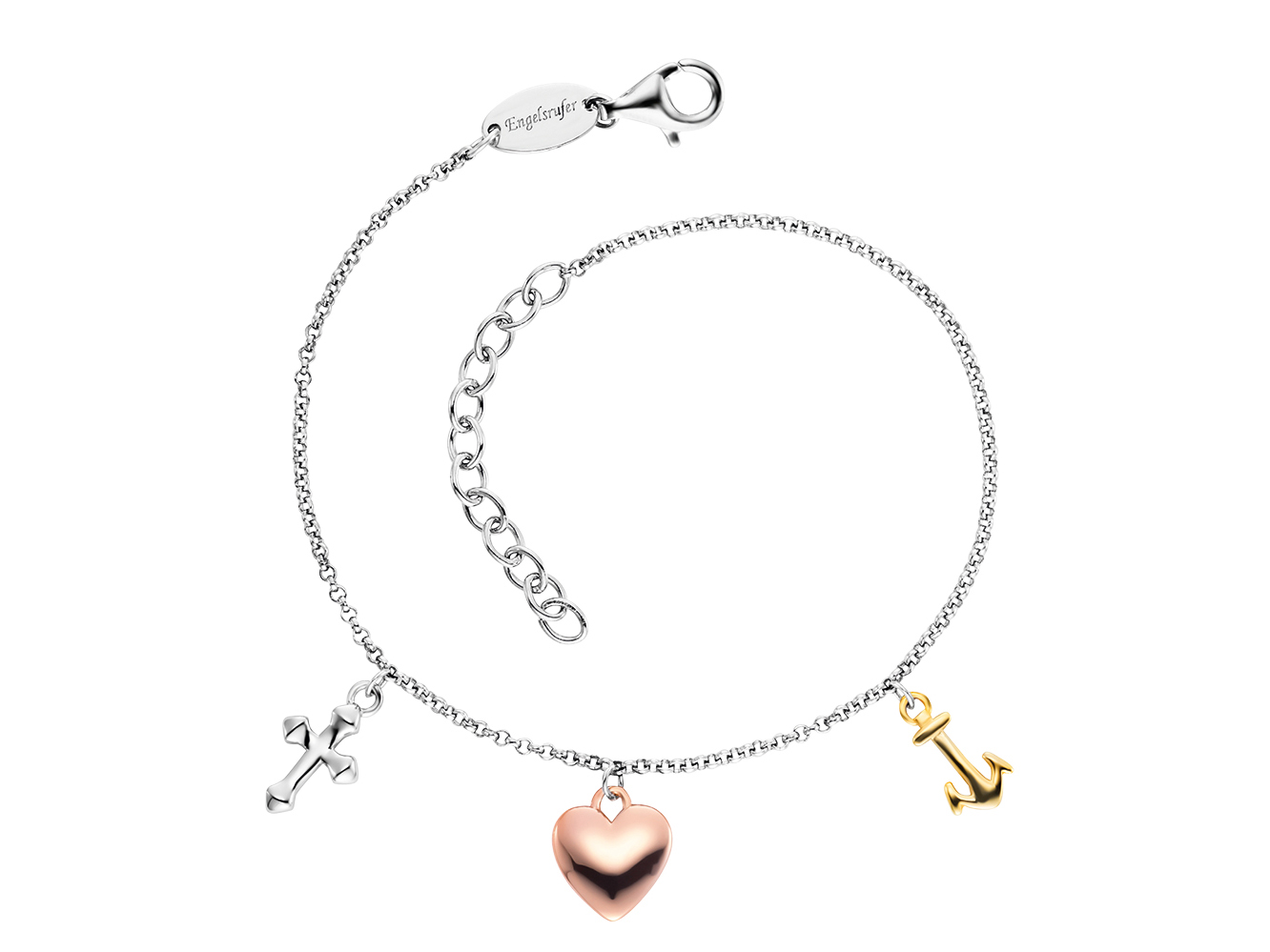 Ein filigranes Armband in Tricolor mit einer silbernen Kette, einem roséfarbenen Herz, einem silbernen Kreuz und einem goldenen Anker. Das Armband hat eine Länge von 17 cm und stammt von Engelsrufer.