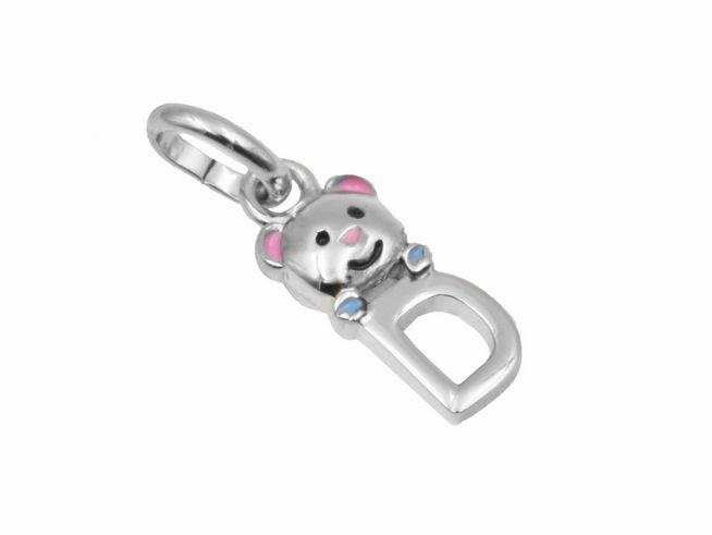 Ein süßer Teddy-Anhänger aus 925 Sterling Silber, poliert und rhodiniert, zeigt den Buchstaben D mit bunten Akzenten und einem lächelnden Gesicht, ideal als Schmuckstück oder Geschenk.