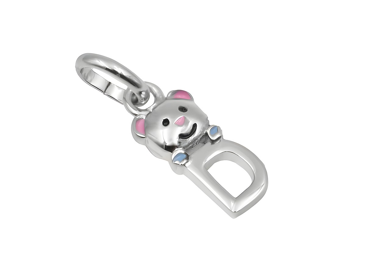 Ein süßer Teddy-Anhänger aus 925 Sterling Silber, poliert und rhodiniert, zeigt den Buchstaben D mit bunten Akzenten und einem lächelnden Gesicht, ideal als Schmuckstück oder Geschenk.