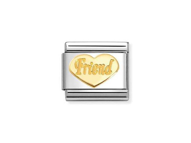 Das Bild zeigt ein Nomination Charm mit der Artikelnummer 030162 76 Classic. Es ist aus Gold und Edelstahl gefertigt und zeigt ein Herz mit dem Wort Friend in goldener Schrift.