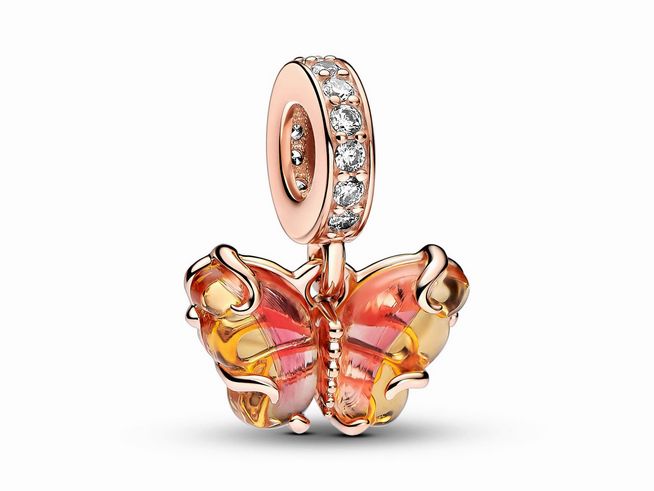 Rosafarbener und gelber Murano-Glas Schmetterling Charm von Pandora in Roségold vergoldet, verziert mit pinken Zirkonia-Steinen, ideal für stilvolle Schmuckstücke.
