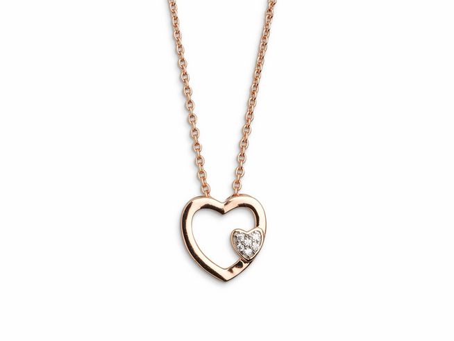 Xenox Sterling Silber Kette XS2797R in Roségold Verg. mit einem herzförmigen Anhänger, der ein kleines Herz mit einem Glitzerstein enthält, ideal für romantische Anlässe.