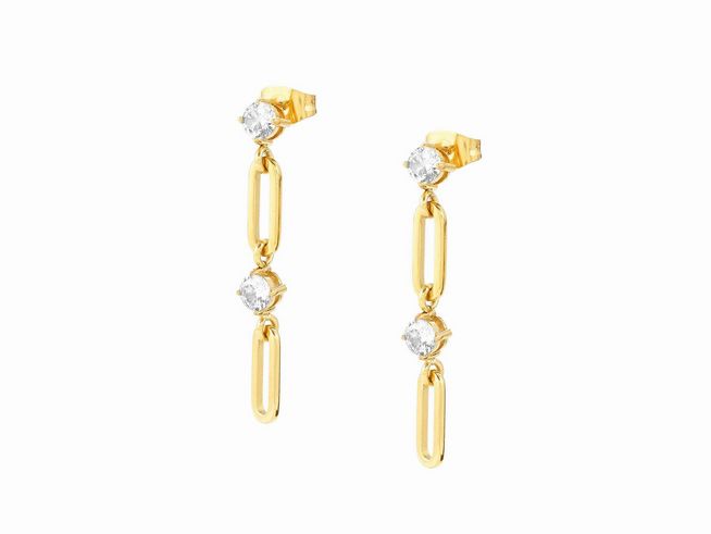 Ohrhänger aus goldfarbenem Edelstahl mit weißen Zirkonia, gefertigt von Nomination, CHAINs OF STYLE, bieten ein elegantes Design mit zwei funkelnden Steinen und einer modernen Kettenform.