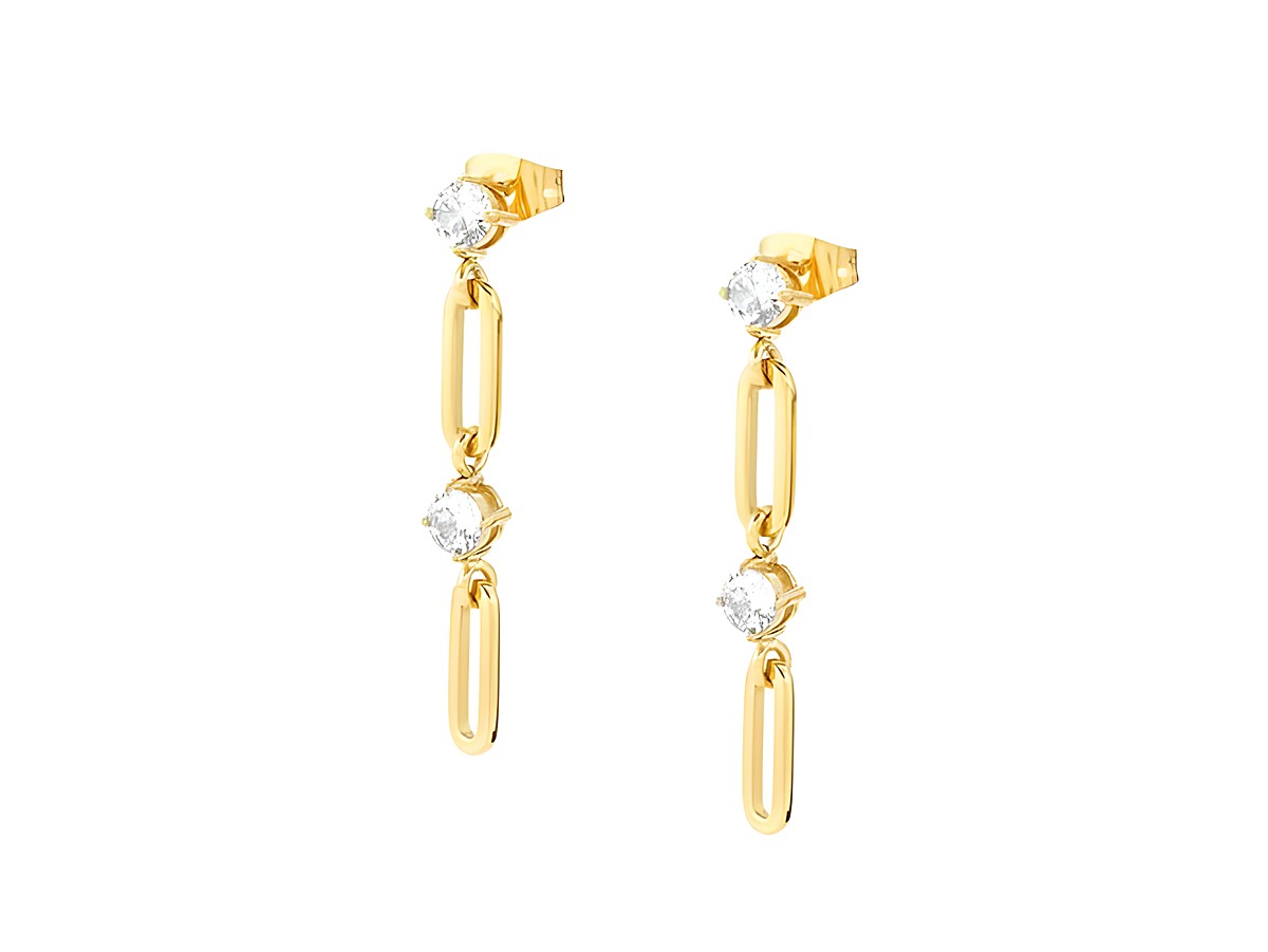 Ohrhänger aus goldfarbenem Edelstahl mit weißen Zirkonia, gefertigt von Nomination, CHAINs OF STYLE, bieten ein elegantes Design mit zwei funkelnden Steinen und einer modernen Kettenform.