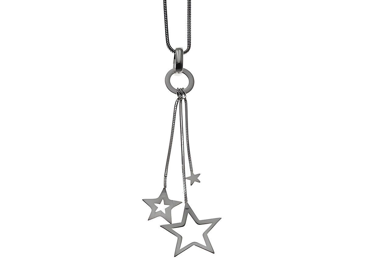 Y-Kette mit Anhänger in Form von drei unterschiedlichen Sternen aus sterling Silber, aufgehängt an einem runden Ring, Gesamtlänge 43 cm, Hersteller Juwelier Harnisch, modernes design.