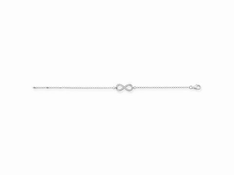 Armband von Thomas Sabo aus 925 Sterling Silber mit Unendlichkeitssymbol, verziert mit weißen Zirkonia, längenverstellbar von 16,5 bis 19,5 cm, elegantes Design.