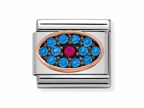 Ohrring in ovaler Form mit fuchsia- und blauen Steinen, umrahmt von einem goldfarbenen Rand, gefertigt von Nomination, Teil der Composable Classic Kollektion.