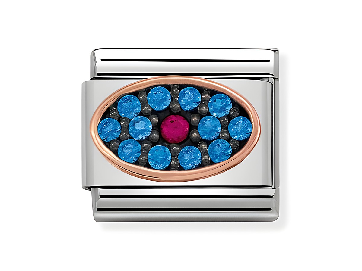 Ohrring in ovaler Form mit fuchsia- und blauen Steinen, umrahmt von einem goldfarbenen Rand, gefertigt von Nomination, Teil der Composable Classic Kollektion.