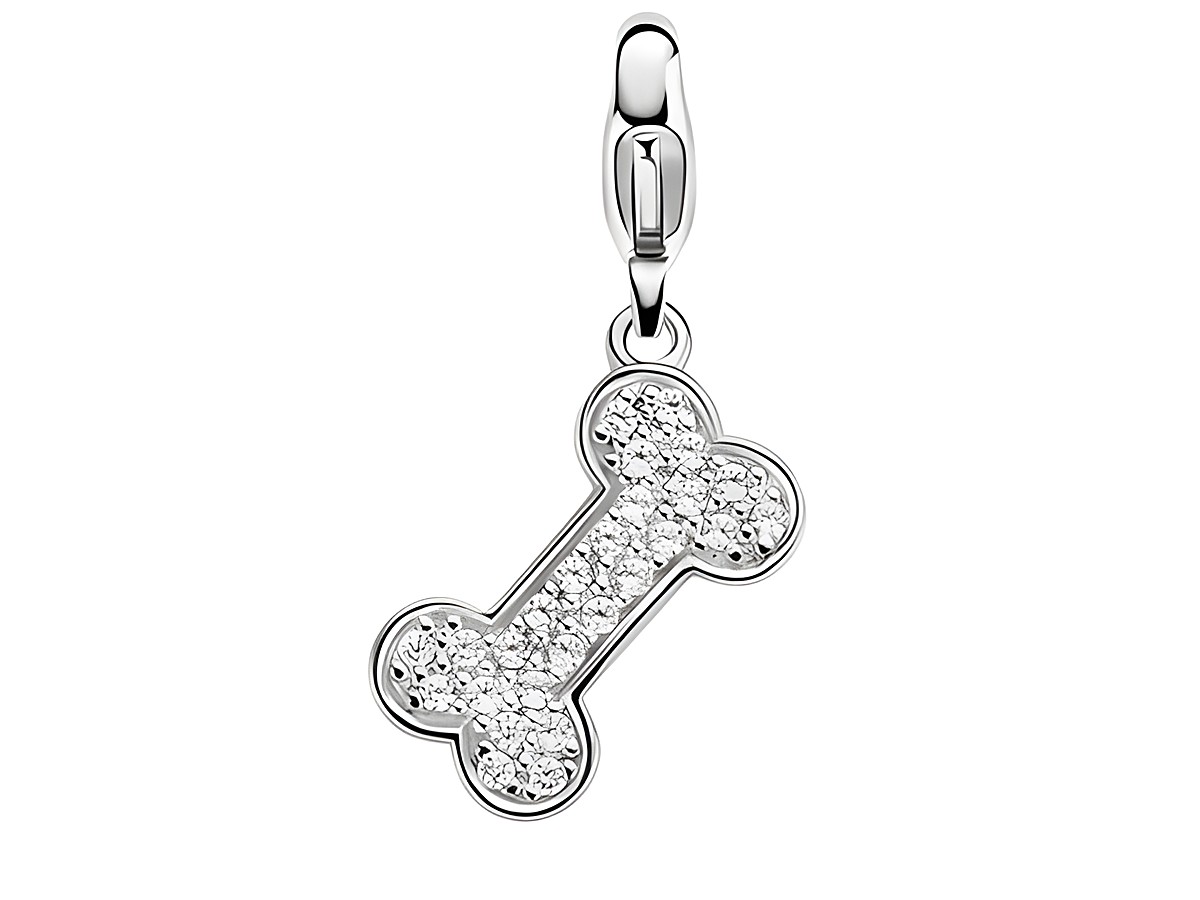 Ein silberner Charme in Form eines Knochens, besetzt mit funkelnden Glitzersteinen, von der Marke Ti Sento, Modell Glittery Bone 8314ZI, ideal für die individuelle Schmuckgestaltung.