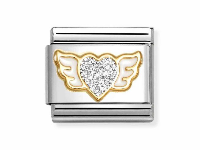 Geflügeltes Herz aus Emaille in Silber und Gelbgold, umgeben von funkelnden Details, auf einem Edelstahlarmband. Hersteller Nomination, Modell 03022023 Classic.