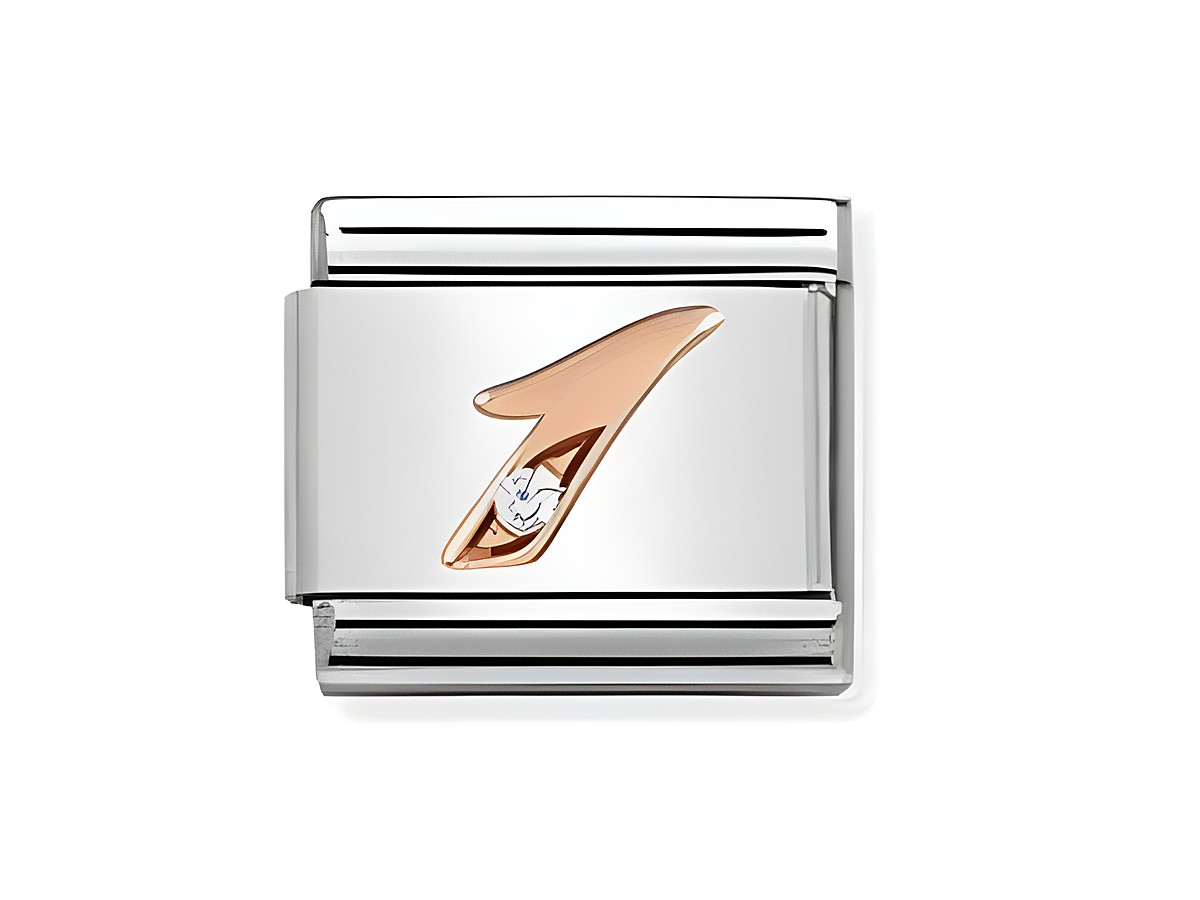 Ein silberner Charm von Nomination mit einer rosefarbenen Hand und einem kleinen, funkelnden Stein. Ideal für personalisierte Armbänder und Schmuck.