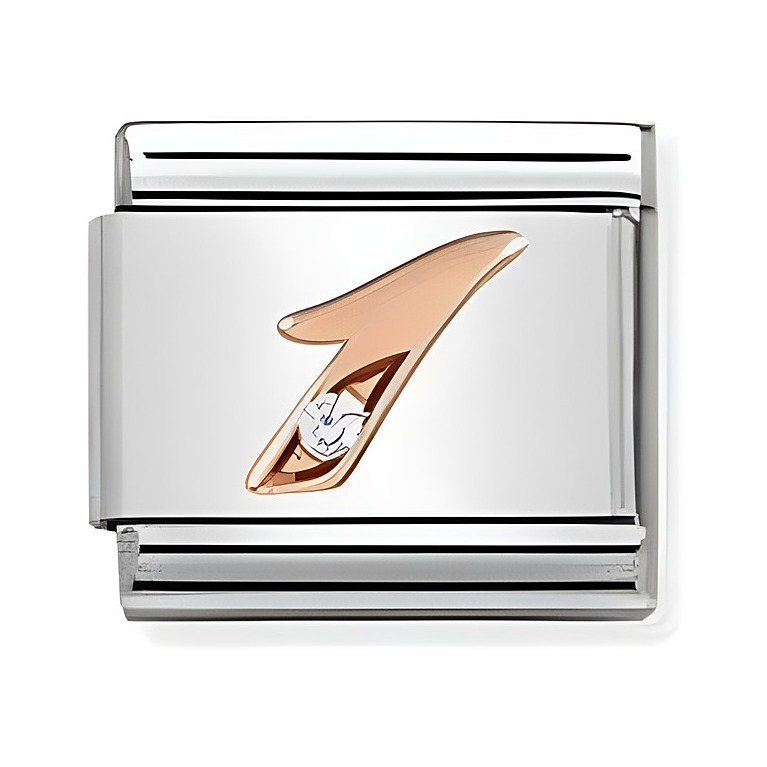 Ein silberner Charm von Nomination mit einer rosefarbenen Hand und einem kleinen, funkelnden Stein. Ideal für personalisierte Armbänder und Schmuck.