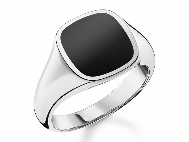 56970532-0 Der Ring aus Sterling Silber mit schwarzem Onyx hat eine quadratische Form und eine glänzende Oberfläche, Größe 52, Modell TR2332-024-11-52 von Thomas Sabo.
