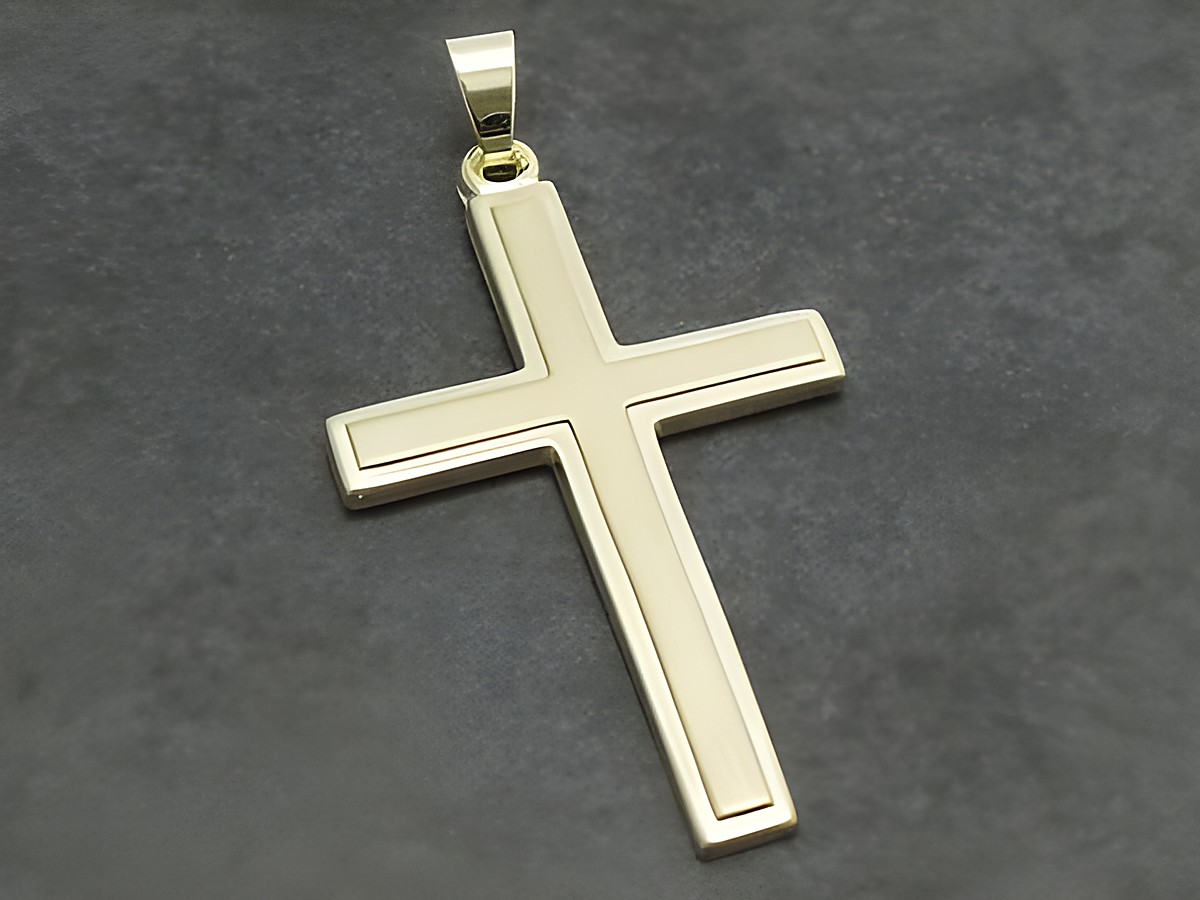 Kreuz Anhänger - Gold 333 - mattiert - göttlich, hergestellt von Juwelier Harnisch, klassisches Design, ideal für Anlässe und als stilvolles Accessoire.