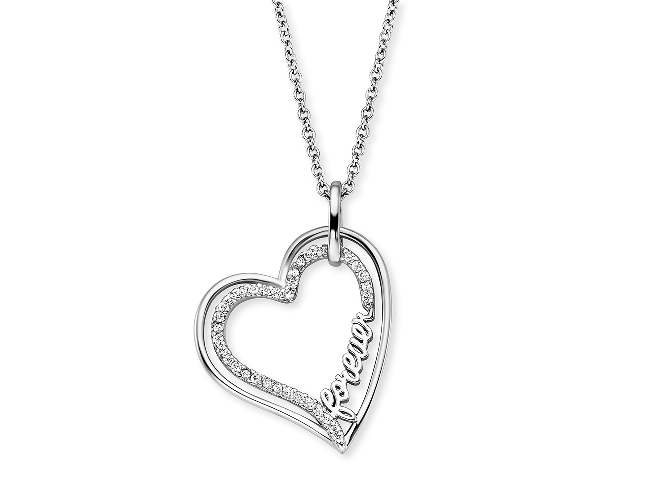 Kette mit Anhänger in Form eines Herzens aus rhodiniertem Silber, verziert mit Zirkonia und dem Schriftzug forever, Länge 42 cm, Hersteller Engelsrufer.