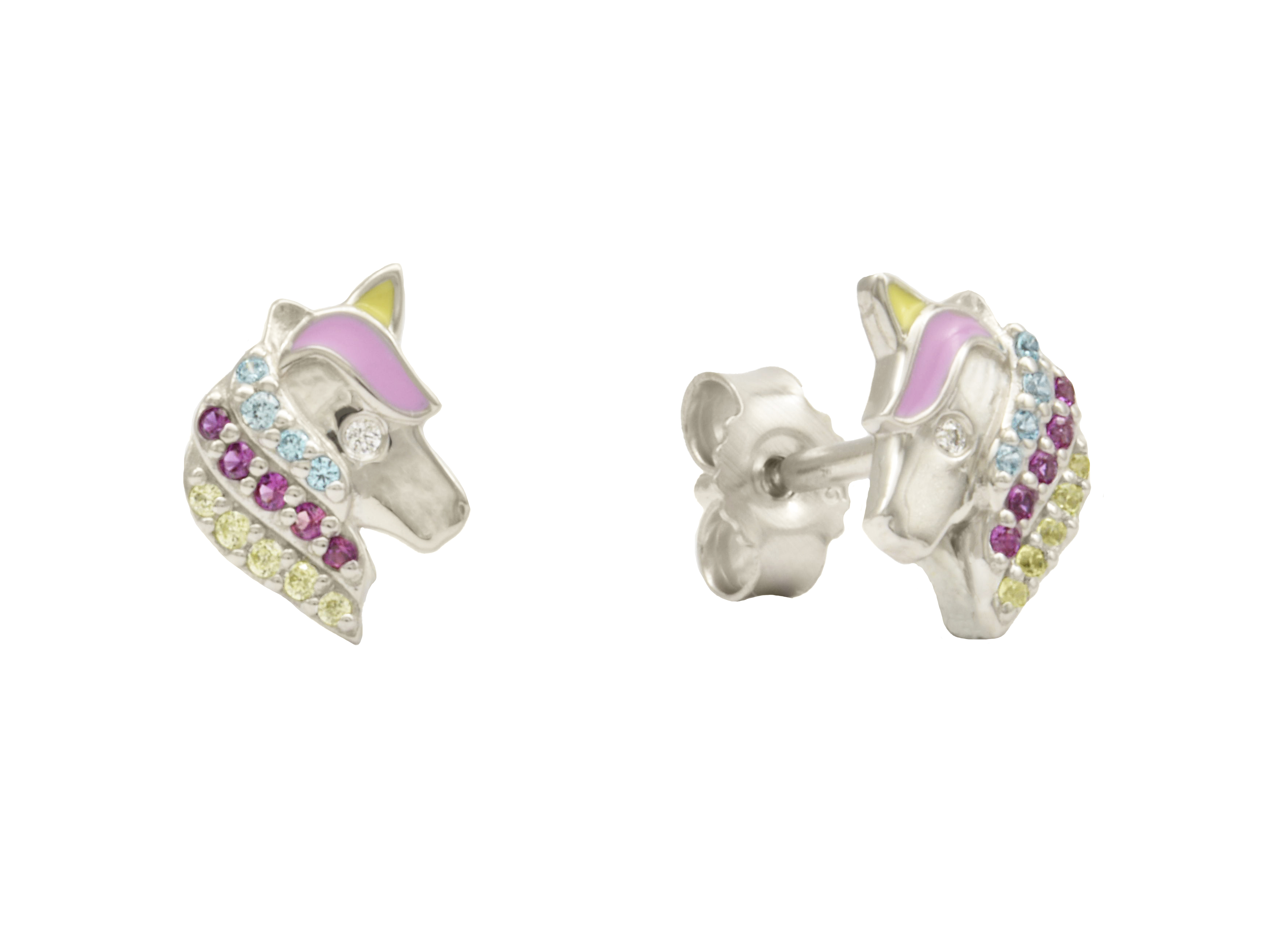 Ohrstecker in Form von Einhornköpfen aus rhodiniertem Sterling Silber 925, poliert und verziert mit bunten Zirkonia und Lack, idealer Kinderschmuck von Juwelier Harnisch.