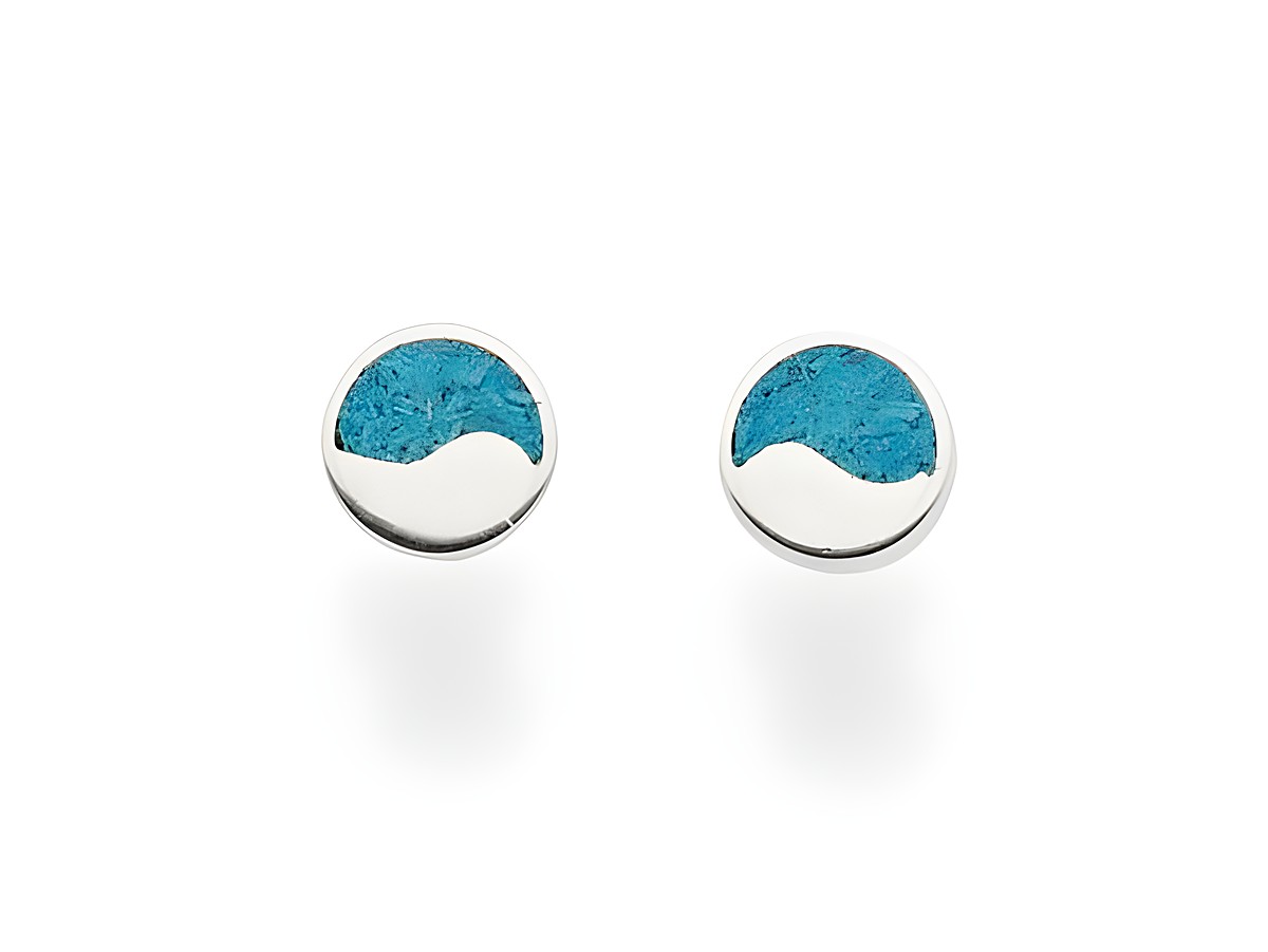 DUR Ohrringe Meeresblau O5009 aus Sterling Silber mit einem runden Design in Meeresblau und einem weißen Wellenmuster, elegant und modern, perfekt für jeden Anlass.