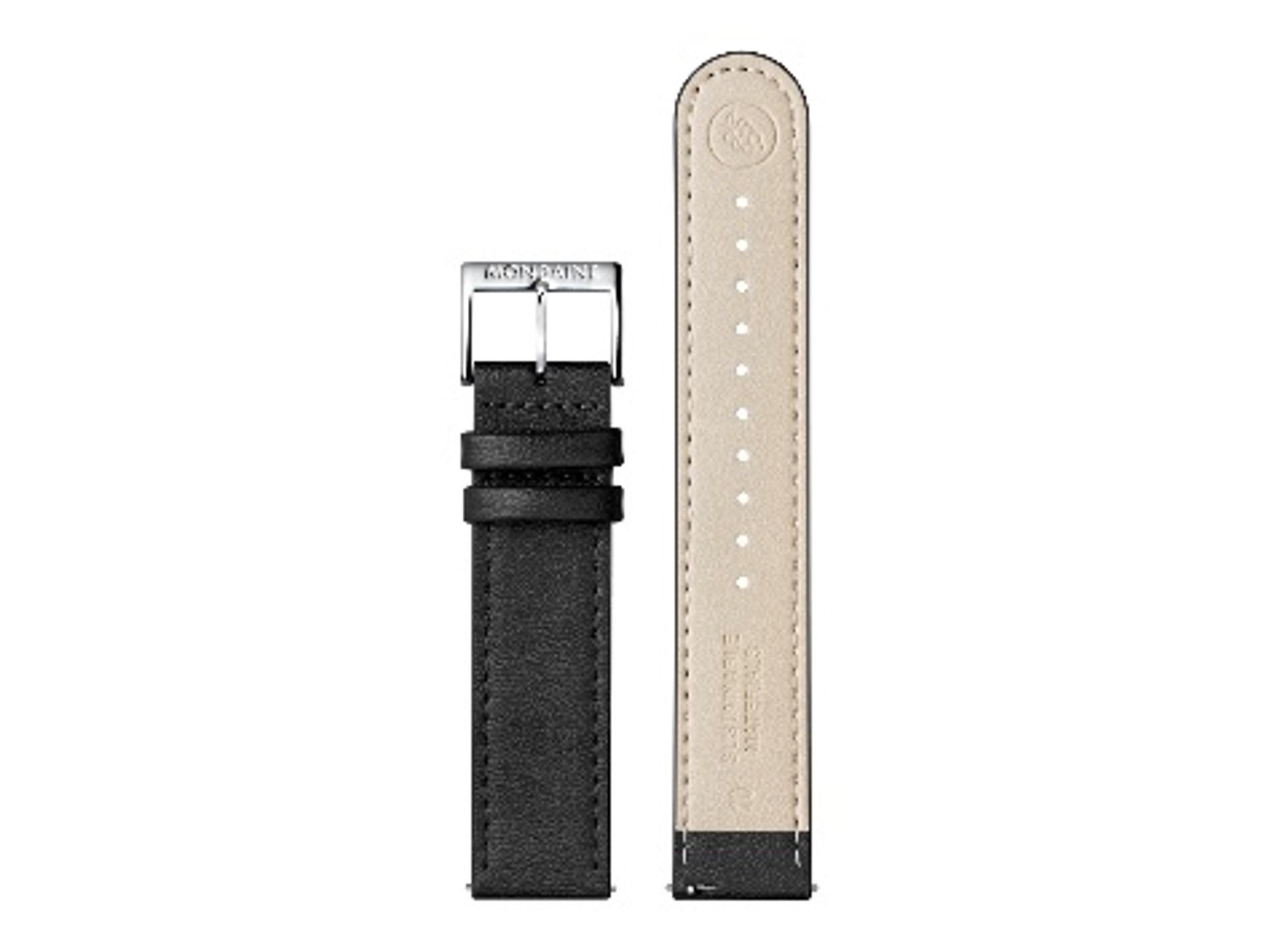 Lederarmband FGM.3120.22Q.K von Mondaine aus veganem Traubenleder in Schwarz, 20 mm breit, mit silberner Schließe und beiger Innenseite, geeignet als Ersatz für Uhrenarmbänder.