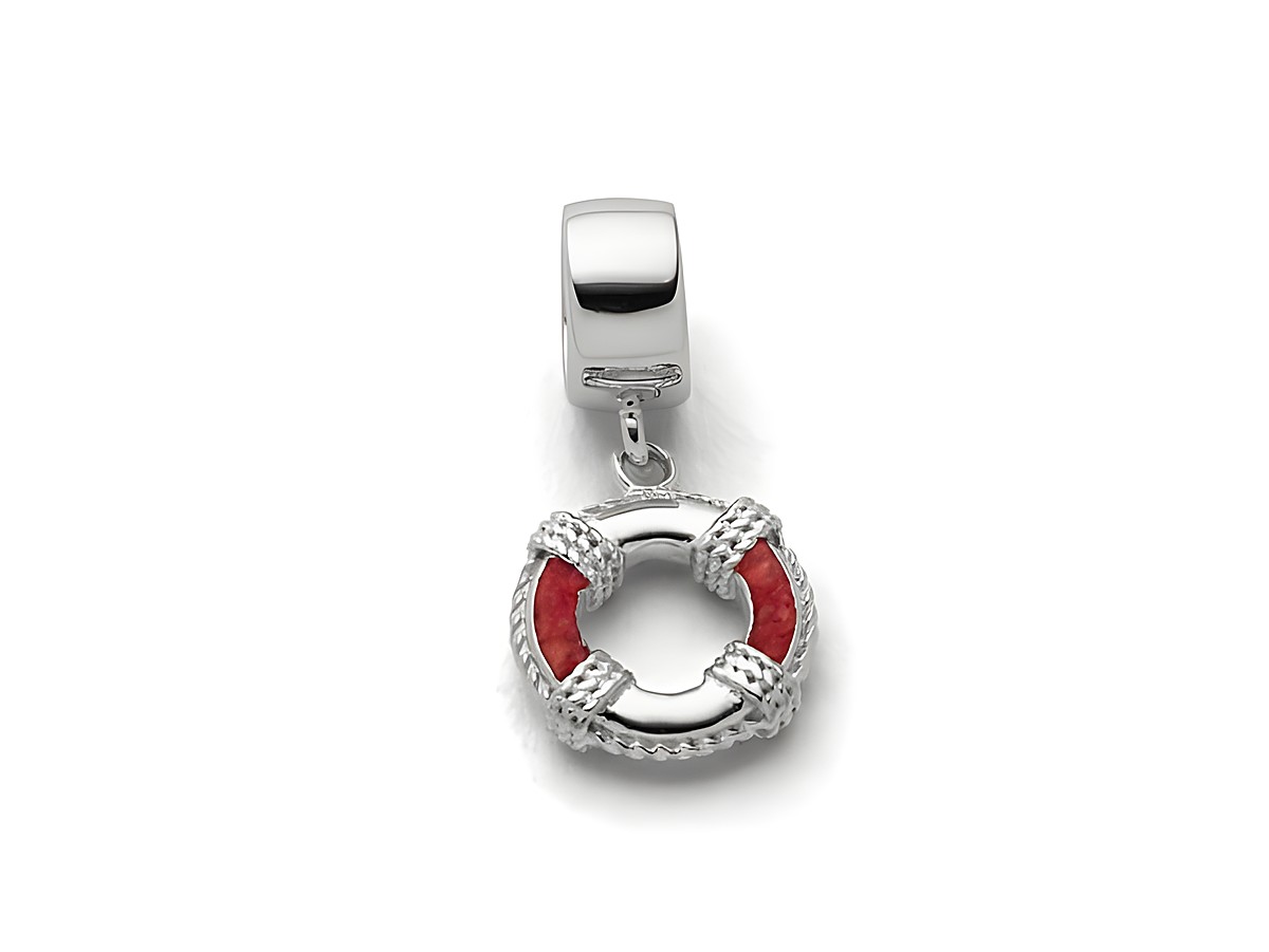 Charm in Form eines Rettungsrings aus Sterling Silber mit korallenrot eingefassten Elementen, hergestellt von DUR, ideal für Armbänder und Schmuckkollektionen.