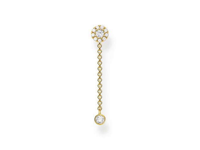 Thomas Sabo Ohrring aus Sterling Silber vergoldet in Gelbgold mit Zirkonia, bestehend aus einem funkelnden, runden Oberteil und einem senkrecht hängenden Anhänger.