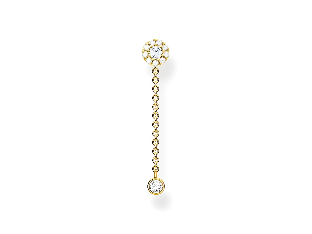 Thomas Sabo Ohrring aus Sterling Silber vergoldet in Gelbgold mit Zirkonia, bestehend aus einem funkelnden, runden Oberteil und einem senkrecht hängenden Anhänger.