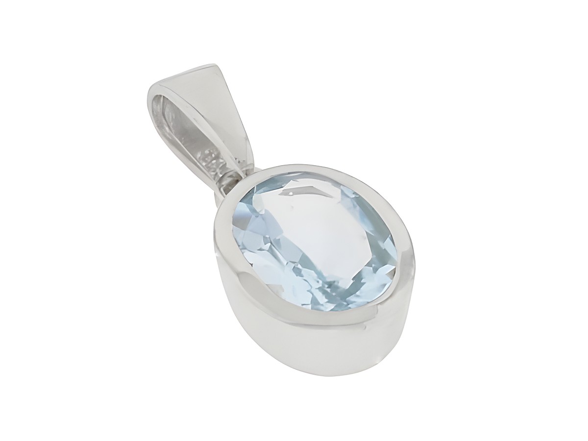 Silber Anhänger oval rhodiniert mit himmelblauem Blautopas klassisch vom Hersteller Juwelier Harnisch, zusätzlich mit weiteren Steinen dekoriert.