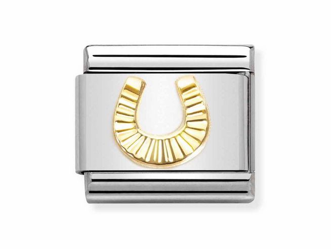 Edelstahlarmband mit goldfarbener Hufeisen-Element, diamantierte Oberfläche, von Nomination, Gold 750, klassisches und elegantes Design. Ideal als Glücksbringer und modisches Accessoire.