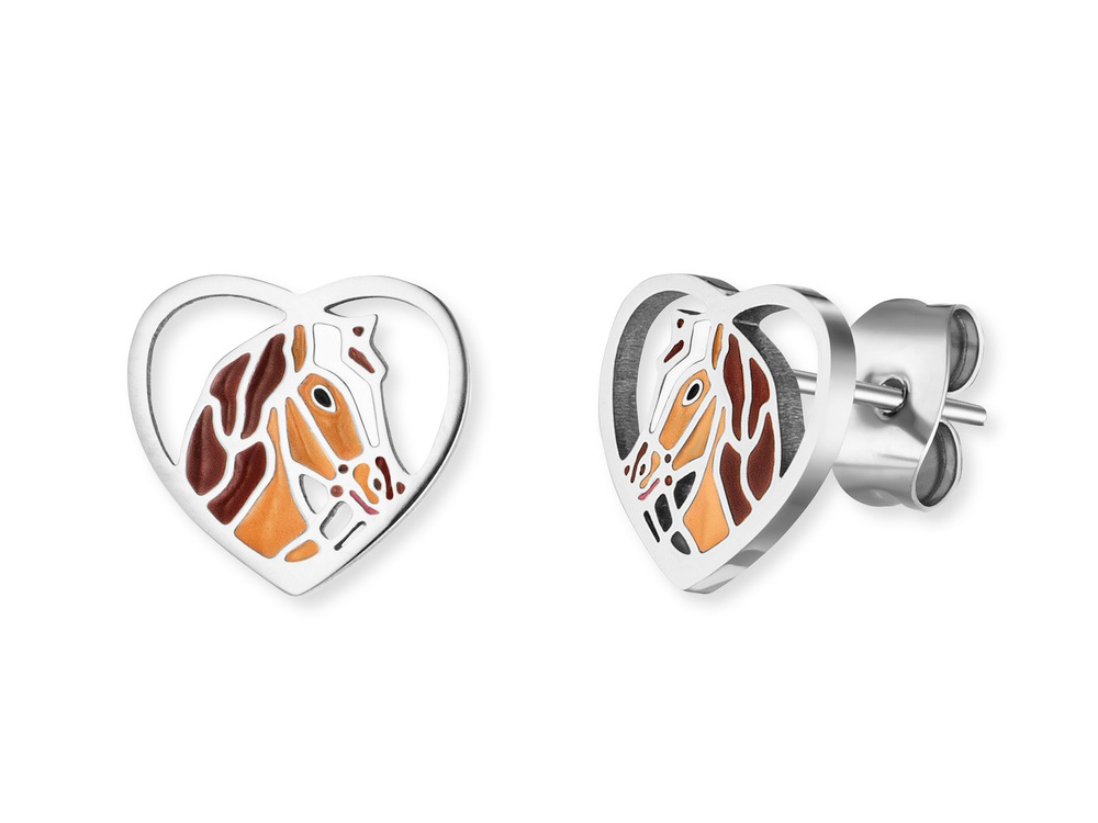 Herzengel HEES-HEART03-ZI Ohrstecker Zirkonia-Herz rosa Silber zeigen ein herzförmiges Design mit einer stilisierten Pferdekopf-Darstellung in zarten Farben und einem glänzenden Silberrand.