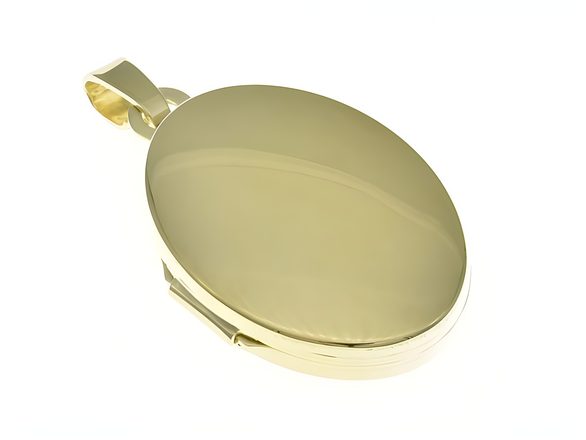 Medaillon aus 333 Gelbgold in ovaler Form, zeitloses Design, Hersteller Juwelier Harnisch, glänzende Oberfläche, elegant und funktional. Ideal als persönliches Schmuckstück oder Geschenk.