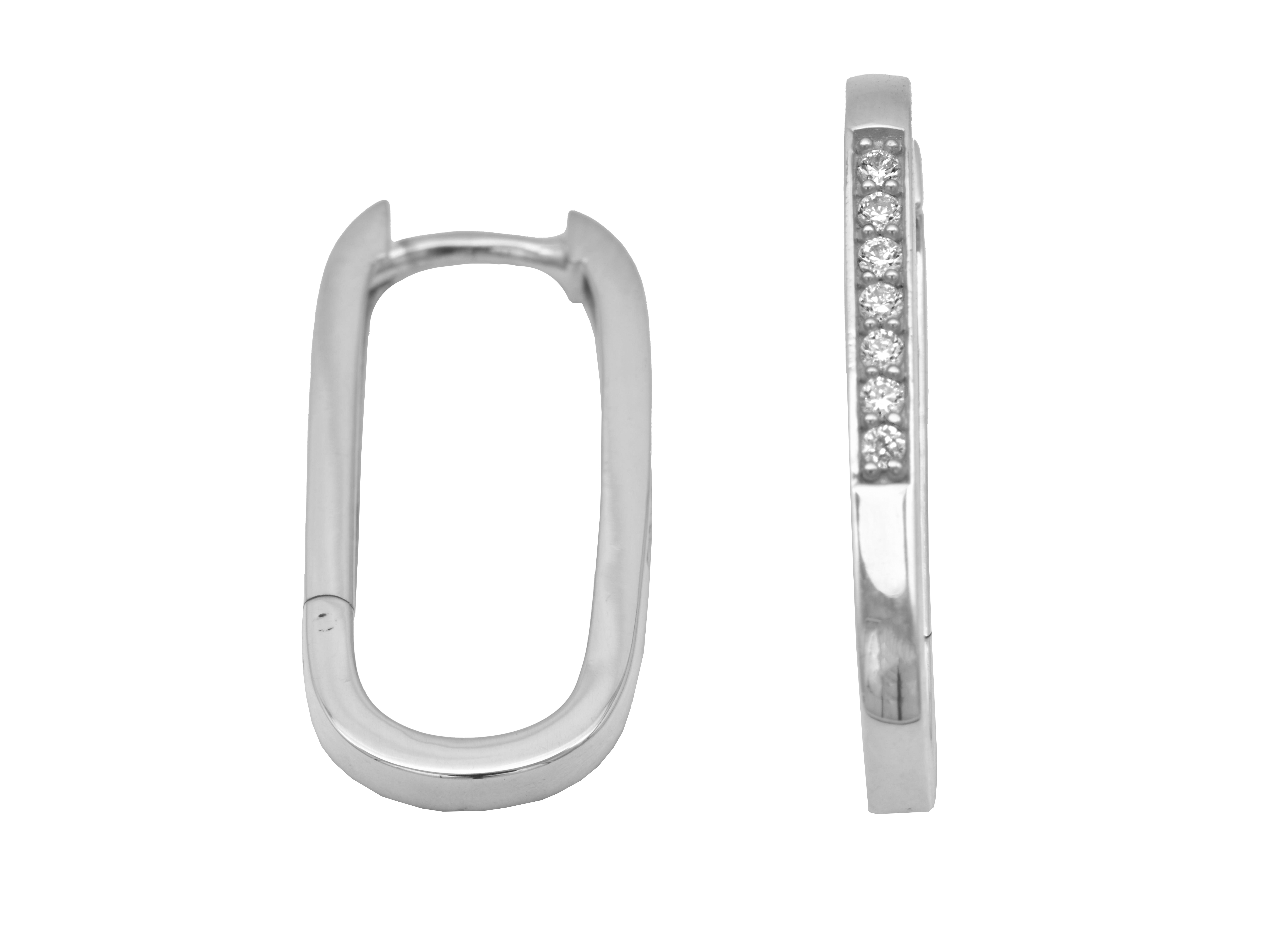 Ovalförmige Creolen Ohrringe aus rhodiniertem Sterling Silber mit polierter Oberfläche und weißen Zirkonia, Größe 2,3 cm, Hersteller Juwelier Harnisch.