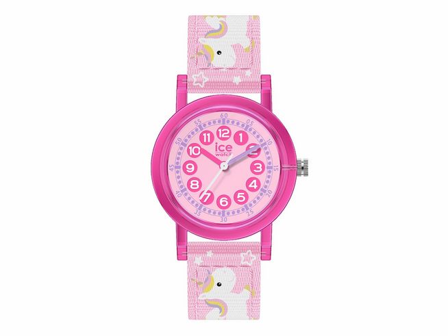 Ice Watch Uhr 022691 - ICE learning Pink Unicorn zeigt eine bunte Uhr mit pinkem Gehäuse und einem farbenfrohen, einhornmotivierten Textilarmband, ideal zum Lernen der Uhrzeit.