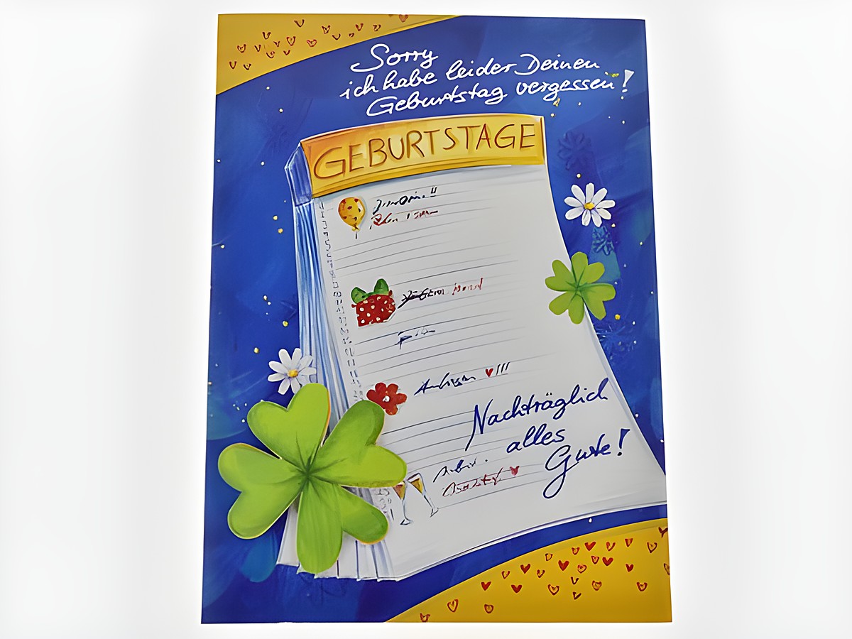 Geburtstagskarte mit einer bunten Gestaltung, auf der ein Geburtstagskalender abgebildet ist, umrahmt von Glücksklee und Blumen, sowie einem handgeschriebenen Text.
