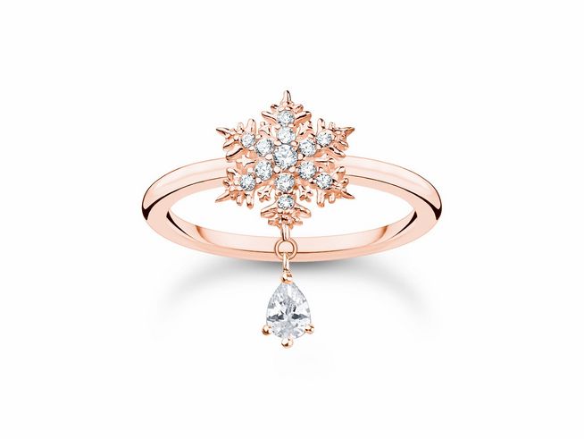 Ring aus Sterling Silber, vergoldet in Roségold, mit Schneeflockenmotiv und Zirkonia-Steinen, Größe 56. Elegantes Design mit tropfenförmigem Anhänger.