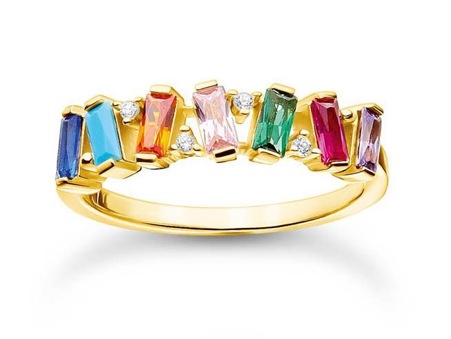 Thomas Sabo Charming Ring TR2346-488-7-60 aus Sterling Silber mit vergoldeter Oberfläche, besetzt mit Glas-Keramik Stein, synthetischem Korund und Zirkonia in bunten Farben, Größe 60.