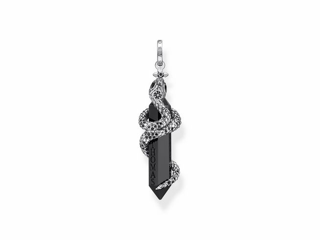 Anhänger von Thomas Sabo aus geschwärztem Sterling Silber, mit einer mystischen Schlange, die sich um einen schwarzen Onyx und Zirkonia windet, elegant und geheimnisvoll.
