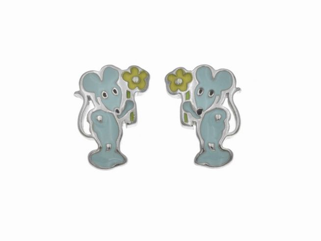Ohrstecker aus Sterling Silber in Form einer Maus mit einer Blume, poliert und rhodiniert, mit Lack in Blassblau, Gelb und Grün, hergestellt von Juwelier Harnisch für Kinder.