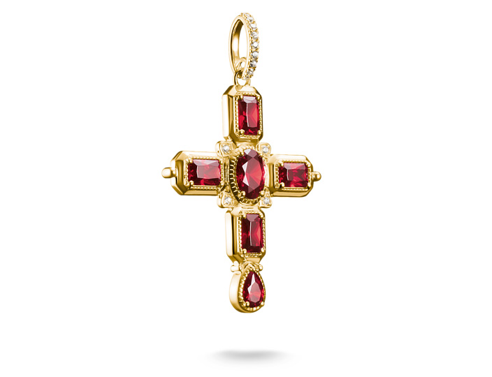 Thomas Sabo PE987-414-10 ELYNDRA Kreuz Anhänger - 750/- Gold auf Silber & Zirkonia - Rot