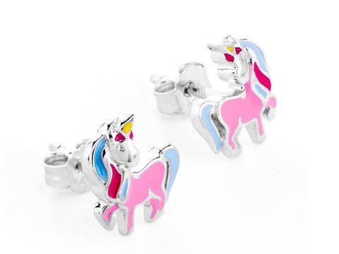 Einhorn Ohrstecker aus buntem Lack in Silber rhodiniert, für Kinder, designet vom Juwelier Harnisch, zeigen ein niedliches Einhornmotiv mit pinker und blauer Mähne.