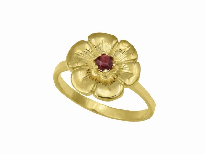Gelbgold Ring mit blumigem Design aus Gelbgold 333, ausgestattet mit einem Granat, Größe 52, Hersteller Juwelier Harnisch, erinnert an natürliche Eleganz.