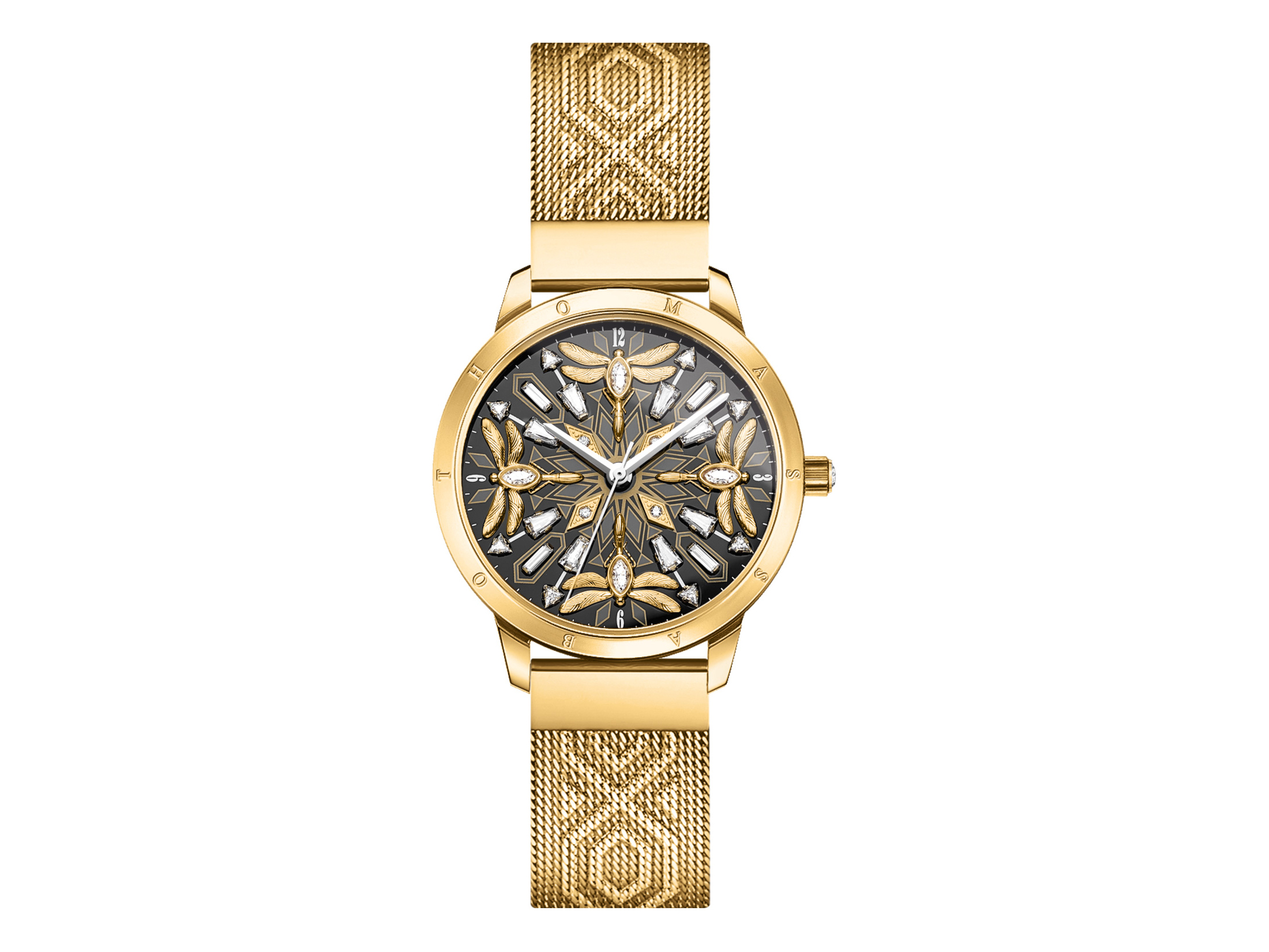 Thomas Sabo Damenuhr WA0422-264-207 mit goldfarbenem Gehäuse und Mesh-Armband, schwarzem Zifferblatt mit floralem Design und Kristallakzenten, stilvoll und elegant.