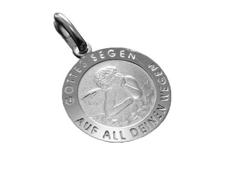 Tauftaler Sterling Silber Anhänger mit Schutzengel-Motiv und den Inschriften Gottes Segen und Auf All Deinen Wegen, hergestellt von Juwelier Harnisch, für Taufen geeignet.