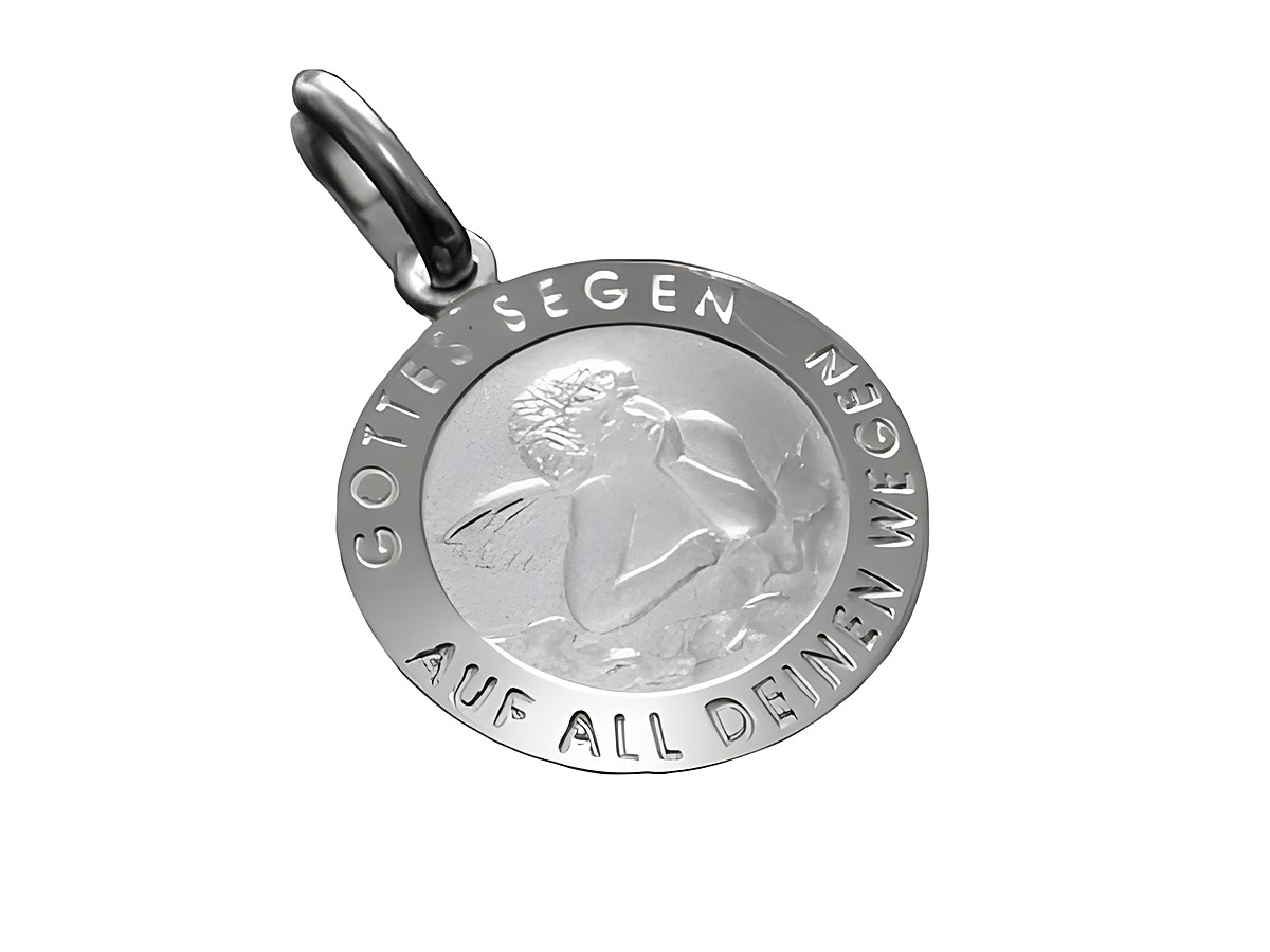 Tauftaler Sterling Silber Anhänger mit Schutzengel-Motiv und den Inschriften Gottes Segen und Auf All Deinen Wegen, hergestellt von Juwelier Harnisch, für Taufen geeignet.