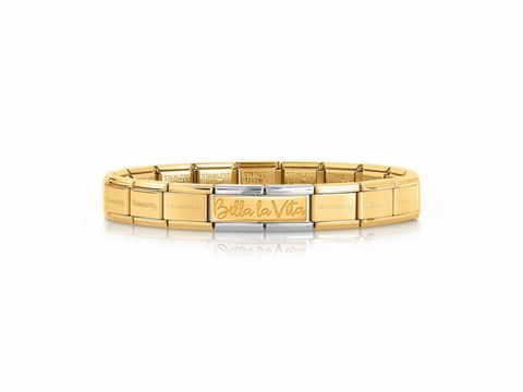 Armband namens Bella la Vita von Nomination in Gold mit flexibler Gliederung, verziert mit der Inschrift Bella la Vita, ideal als Starter-Armband für individuelle Kombinationen.