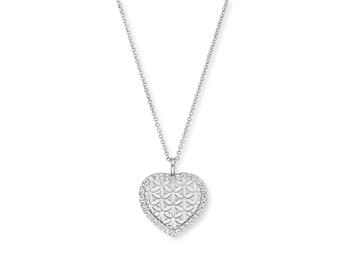 Silberne Kette von Engelsrufer mit rhodiniertem Anhänger in Herzform, verziert mit Zirkonia und lebensblumenförmigem Design, Länge 42 cm. Ideal als Geschenk oder für den Alltag.