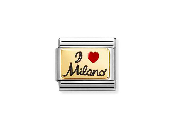 Armbandanhänger aus Edelstahl und Emaille mit der Aufschrift I Love Milano in gold und rot, modern und stilvoll gestaltet, ideal für modische Akzente.