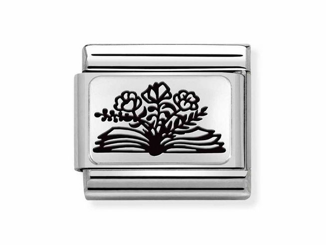 Charm aus Edelstahl und Sterling Silber von Nomination, mit einem design von einem offenen Buch, das mit Blumen verziert ist, Modell Classic Silber 330111 27.