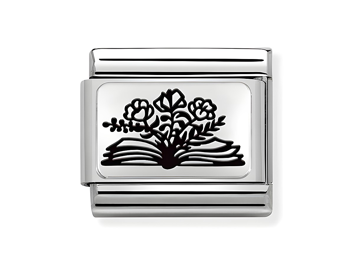Charm aus Edelstahl und Sterling Silber von Nomination, mit einem design von einem offenen Buch, das mit Blumen verziert ist, Modell Classic Silber 330111 27.