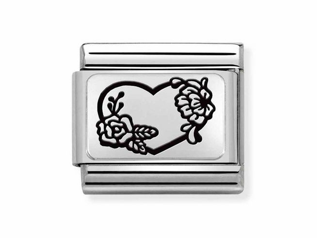 Edelstahl Charm von Nomination Classic Silber 330111 28 in Form eines Herzens mit floralem Muster, hochwertiges Sterling Silber mit elegantem Design.
